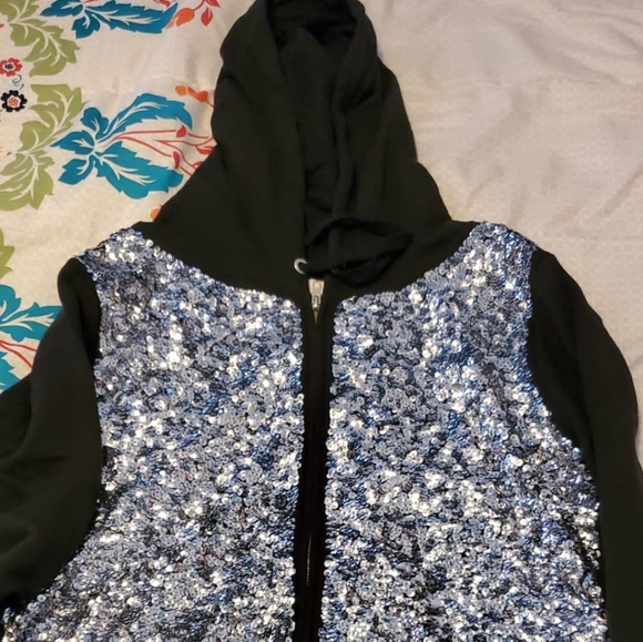PINK Victoria's Secret Black Silver Sequin Bling Hoodie - Picture 5 of 7